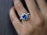 2ct Engagement Ring Oval Cut Blue Sapphire Cluster Accent 14k White Gold Finish