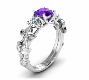 2ct Round Cut Amethyst Flower Stylish Solitaire Accents Ring 14k White Gold Over