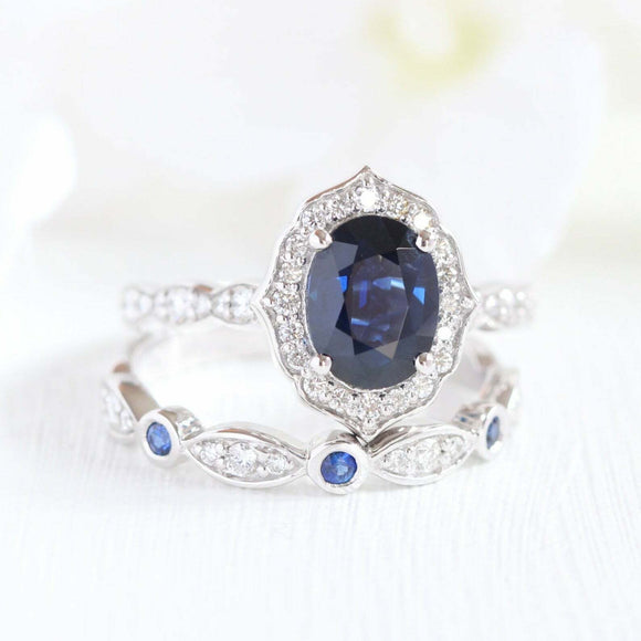 2.5ct Oval Cut Blue Sapphire Vintage Floral Bridal Set Ring 14k WhiteGold Finish