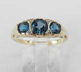 3ct Round Blue Sapphire Art Deco Trilogy Engagement Ring 14k Yellow Gold Finish