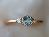 1ct Engagement Ring Round Cut Blue Aquamarine Three Stone 14k Yellow Gold Finish