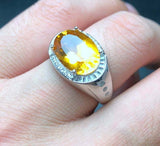 3.5ct Oval Cut Yellow Citrine Halo Signet Engagement Men Ring 14k WhiteGold Over