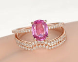 3ct Oval Cut Pink Sapphire Trio Set Wedding Engagement Ring 14k Rose Gold Finish