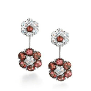 5Ct Round Cut Red Garnet Dual Floral Drop Earrings Women 14K White Gold Finish