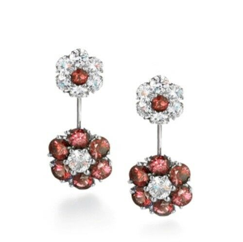 5Ct Round Cut Red Garnet Dual Floral Drop Earrings Women 14K White Gold Finish