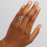 2.3ct Oval Cut Green Emerald Engagement Ring Floral Halo 14k Yellow Gold Finish