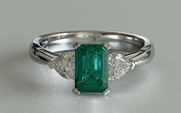 2ct Green Emerald Cut Engagement Ring Diamond Accent 14k White Gold Finish