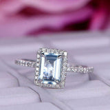 2.2ct Emerald Cut Blue Aquamarine Engagement Ring Halo 14k White Gold Finish