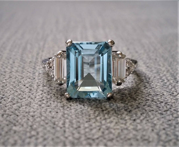 3ct Emerald Cut Aquamarine Diamond Solitaire Engagement Ring 14k White Gold Over