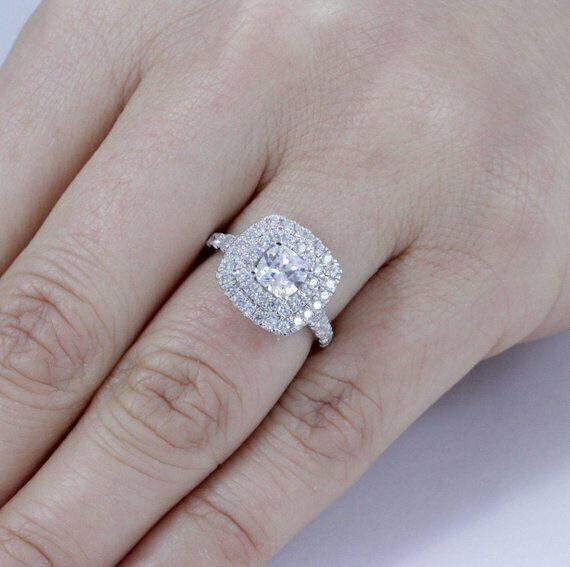 4Ct Cushion Cut Diamond Accent Double Halo Engagement Ring 14K White Gold Finish