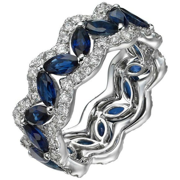 2ct Marquise Blue Sapphire Halo Stylish Full Eternity Band 14k White Gold Finish