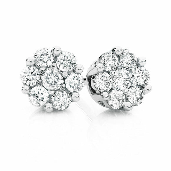 1ct Round Cut Diamond Cluster Stud Earrings Push Back 14k White Gold Finish