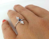 0.2ct Engagement Ring Round Blue Sapphire Milgrain Pointed 14k White Gold Finish