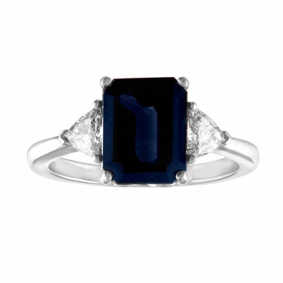 3Ct Emerald Cut Blue Sapphire Trilogy Ring 14K White Gold Finish Trillion Accent