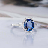 2.5ct Oval Blue Sapphire Engagement Ring Halo Diamond Accents 14k WhiteGold Over