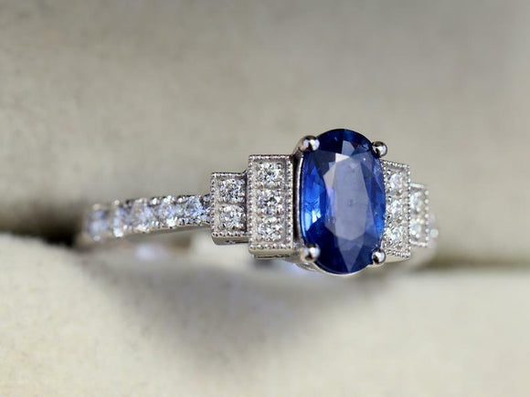 3ct Oval Cut Blue Sapphire Milgrain Step Accent Vintage Ring 14k White Gold Over