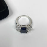 2.5ct Emerald Cut Blue Sapphire Trilogy Engagement Ring 14k White Gold Finish