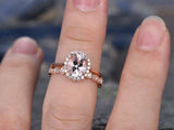 1.6ct Oval Peach Morganite Engagement Ring 14k Rose Gold Finish Halo Bridal Set