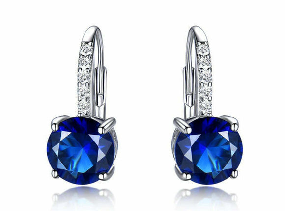 2ct Drop Earrings Round Cut Blue Sapphire Dangling Stylish 14k White Gold Finish