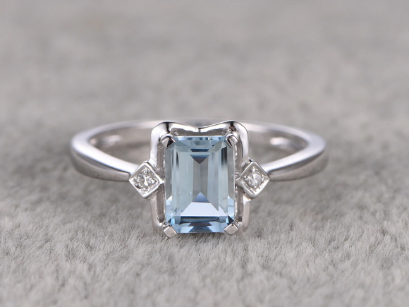 0.7ct Emerald Cut Blue Aquamarine Engagement Ring Trilogy 14k White Gold Finish