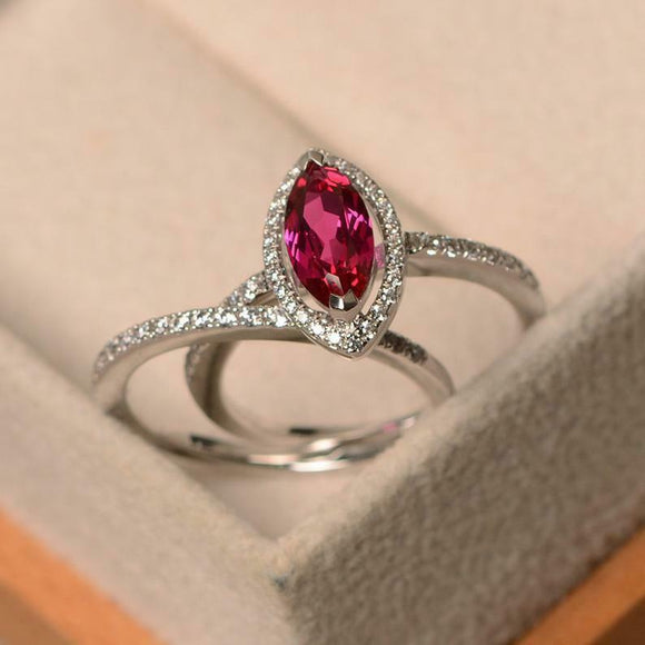 2.5ct Marquise Cut Pink Ruby Engagement Ring Halo Bridal Set 14k White Gold Over