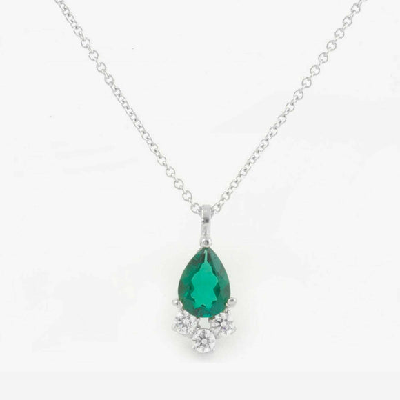 1ct Green Emerald Pear Cut Round Diamond Pendant with Chain 14k WhiteGold Finish