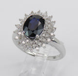 3ct Oval Cut Blue Sapphire Floral Cluster Engagement Ring 14k White Gold Finish