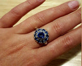 2.8ct Engagement Ring Round Cut Blue Sapphire Vintage Halo 14k White Gold Finish