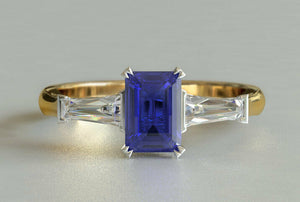 2ct Emerald Cut Blue Sapphire Engagement Ring Trilogy 14k Yellow Gold Finish