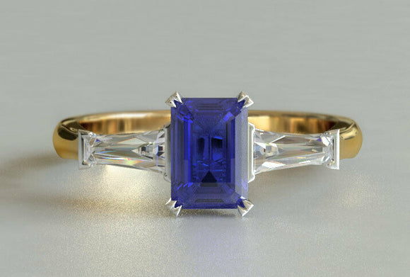 2ct Emerald Cut Blue Sapphire Engagement Ring Trilogy 14k Yellow Gold Finish