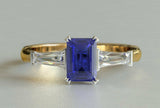 2ct Emerald Cut Blue Sapphire Engagement Ring Trilogy 14k Yellow Gold Finish