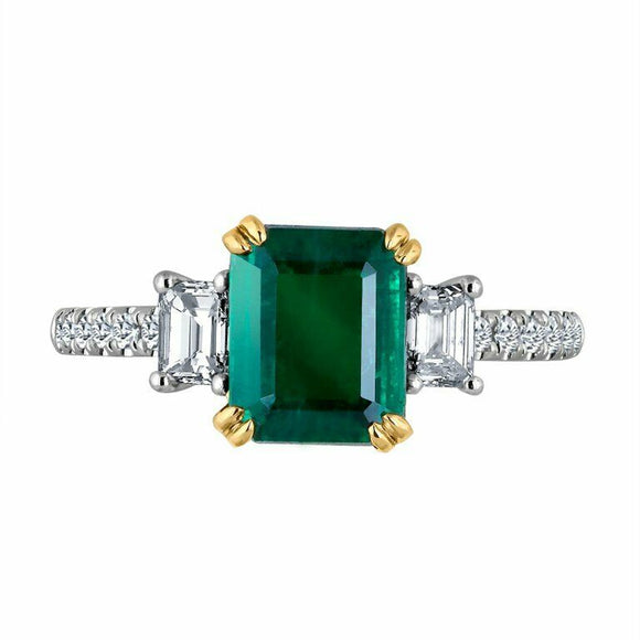 2ct Green Emerald Engagement Ring Trilogy Accent Solitaire 14k White Gold Finish