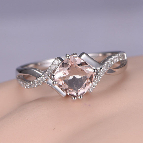 1.3ct Cushion Cut Peach Morganite Promise Engagement Ring 14k White Gold Finish