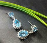 2.5ct Drop Earrings Pear Cut Blue Topaz Diamond Floral Halo 14k WhiteGold Finish