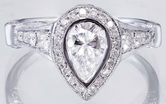 Halo Vintage Promise Engagement Ring 3ct Pear Cut Diamond 14k White Gold Finish