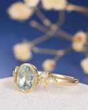 1ct Oval Blue Aquamarine Diamond Flower Leaf Milgrain Ring 14k Yellow Gold Over