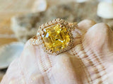 2.5ct Engagement Ring Asscher Cut Yellow Citrine Diamond Halo 14k Rose Gold Over