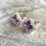 2ct Stud Earrings Asscher Cut Purple Amethyst Diamond Halo 14k White Gold Finish