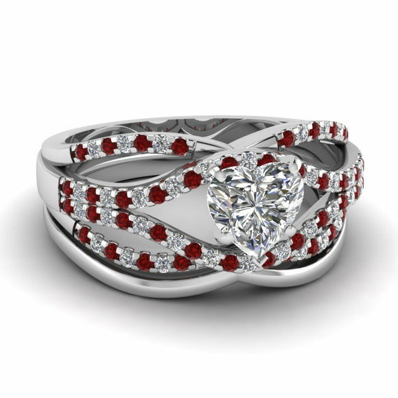 2ct Heart Cut Diamond Red Accent Bridal Set Engagement Ring 14k WhiteGold Finish