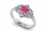 2.2ct Round Cut Pink Sapphire Flower Milgrain Halo Ring 14k White Gold Finish