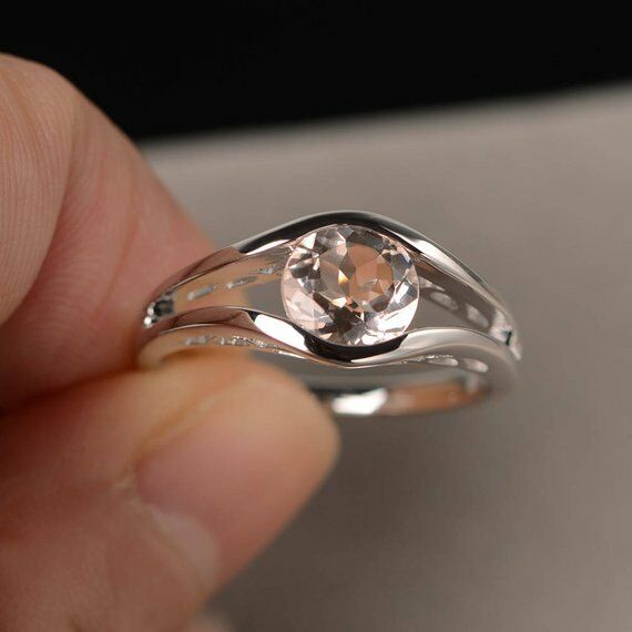 1ct Round Cut Peach Morganite Split Shank Engagement Ring 14k White Gold Finish