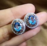 2.7ct Stud Earrings Oval Cut Blue Topaz Stylish Halo 14k White Gold Finish