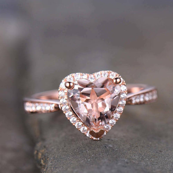 1.5ct Heart Cut Peach Morganite Halo Solitaire Engagement Ring 18k RoseGold Over