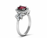 2ct Emerald Red Garnet Diamond Halo Floral Engagement Ring 14k White Gold Finish