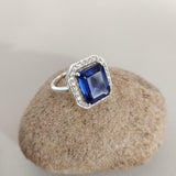 2.2ct Engagement Ring Emerald Cut Blue Sapphire Halo 14k White Gold Finish