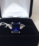 1.3ct Emerald Cut Blue Sapphire Side Diamond Engagement Ring 14k White Gold Over