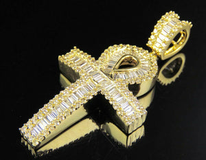 2.5ct Baguette Cut Diamond Iced Jesus Cross Pendant 14k YellowGold Over NO CHAIN