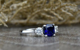 2ct Cushion Cut Blue Sapphire Engagement Ring 14k White Gold Finish Three Stone