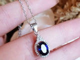 2ct Oval Cut Blue Sapphire Pendant with Chain Diamond Halo 14k White Gold Finish