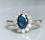 2.5ct Oval Cut Blue Sapphire Diamond Floral Solitaire Ring 14k White Gold Finish